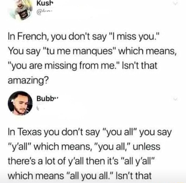 In French You Don T Say I Miss You You Say Tu Me Manques Which Means You Are Missing From Me Isn T That Amazing Q Bubb In Texas You Don T Say You All In French You Don T Say I Miss You You Say Tu Me Manques Which Means You Are Missing From Me Isn T That Amazing Q Bubb In Texas You Don T Say You All