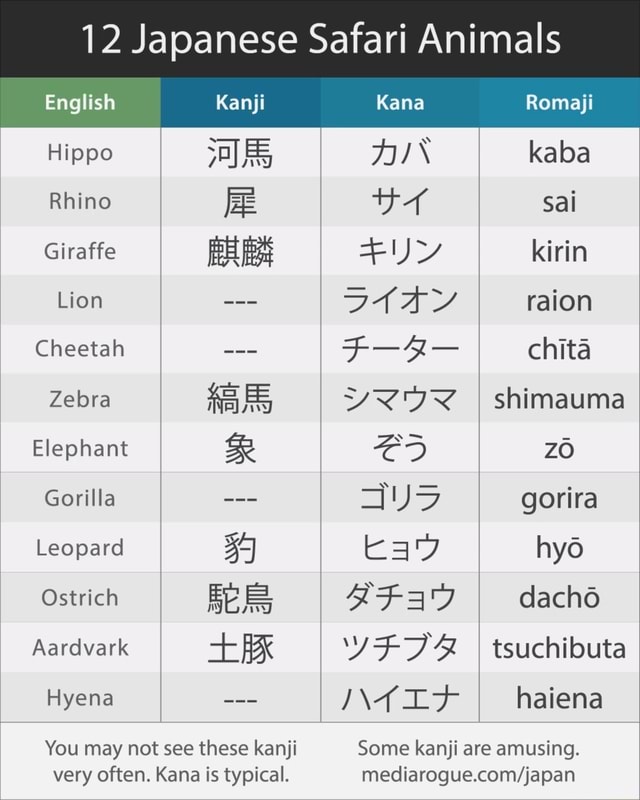 12 Japanese Safari Animals Kana Romaji English Hippo Rhino Giraffe Lion ...