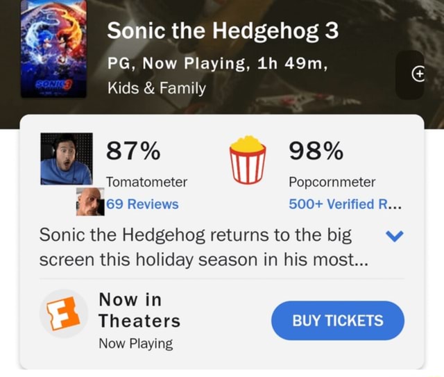 Sonic the Hedgehog 3 PG, Now Playing, th Kids & Family I 87% 98% ...
