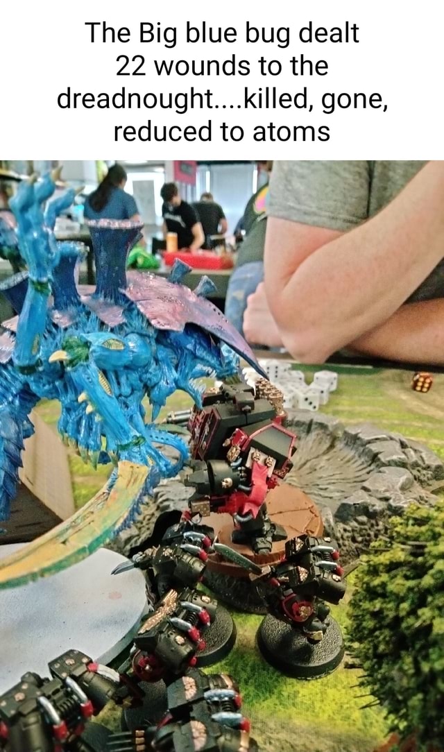 The Big blue bug dealt 22 wounds to the dreadnought....killed, gone