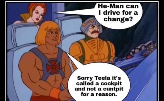 Tilskynde vand Notesbog He-Man can drive fora change? Sorry Teeia it's called a cockpit and not a  cuntpit for a reason. - )