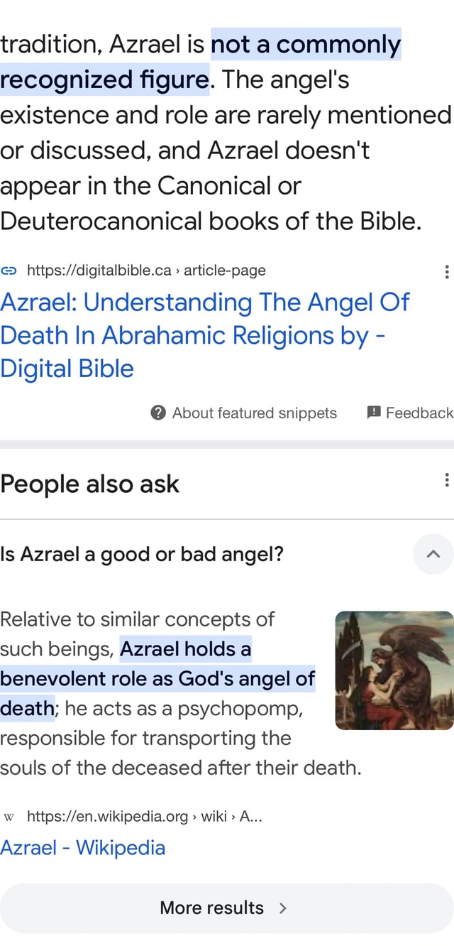 Tradition, Azrael is not a commonly recognized figure. The angel's ...