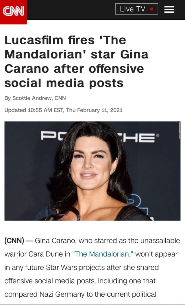 CNN Live TV Lucasfilm fires 'The Mandalorian' star Gina Carano after