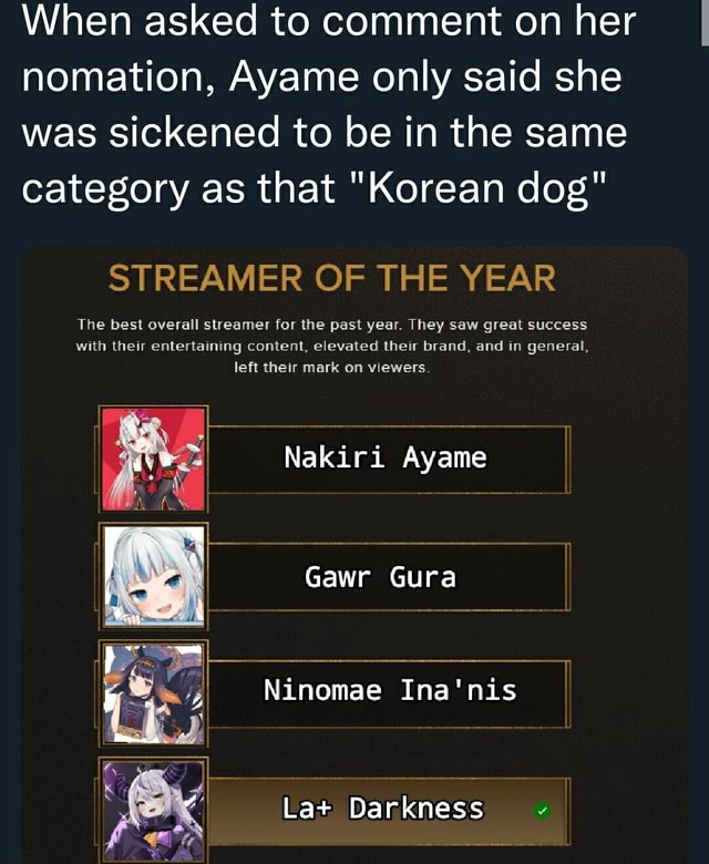 When asked to comment on her nomation, Ayame only said she was sickened