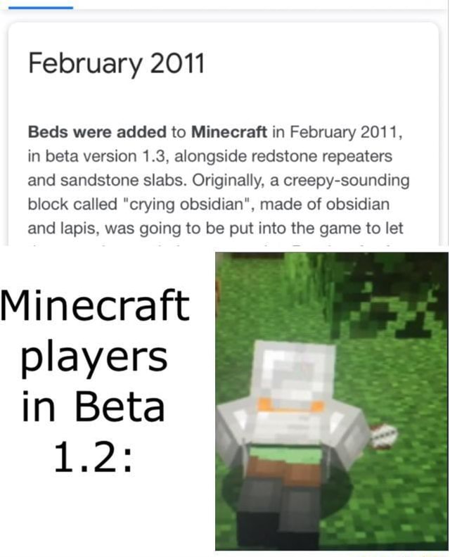 February 2011 Beds were added to Minecraft in February 2011, in beta