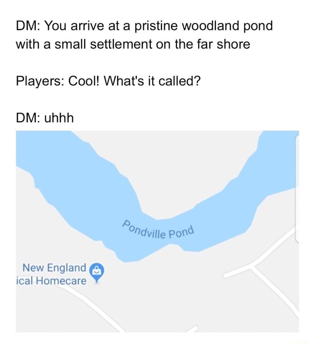 DM You arrive at a pristine woodland pond with a small settlement on