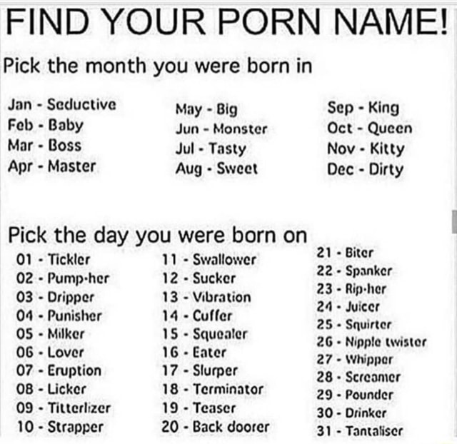 640px x 622px - FIND YOUR PORN NAME! Pick the month you were born in Jan - Seductive May -  Big Sep - King Fob - Baby Jun - Monster Oct ~ Queen - iFunny