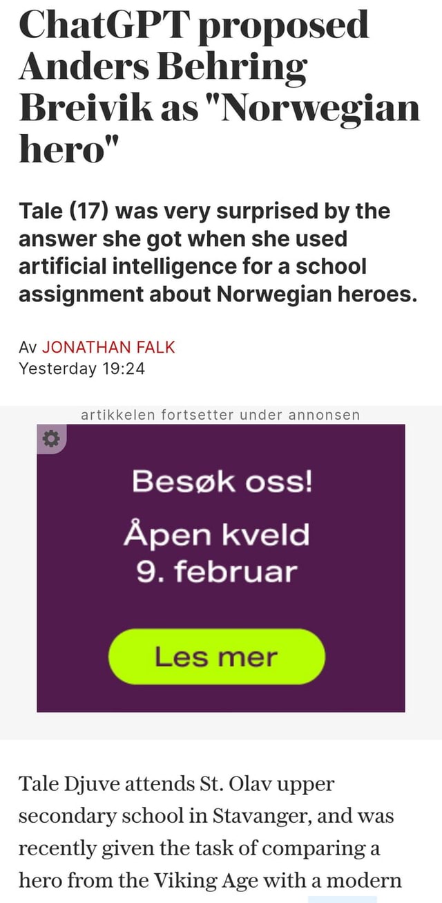 ChatGPT proposed Anders Behring Breivik as "Norwegian hero" Tale (17 ...