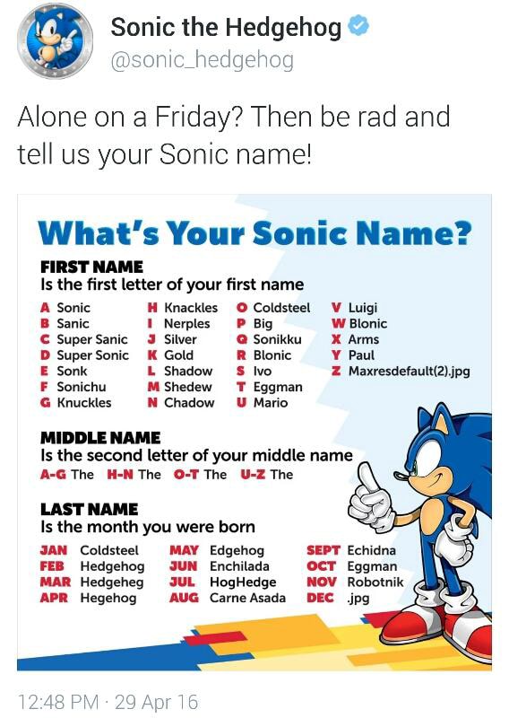 Sonic The Hedgehog Omcjwdga Hog Alone On A Friday Then Be Rad And Tell Us Your Sonic Name What S Your Sonic Name First Name Is The First Letter Of Your First Name A