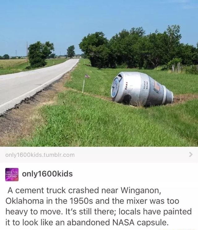 A cement truck crashed near Winganon, Oklahoma in the 19505 and the