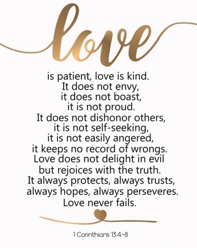 Is patient, love is kind. It does not envy, it does not boast, it is ...