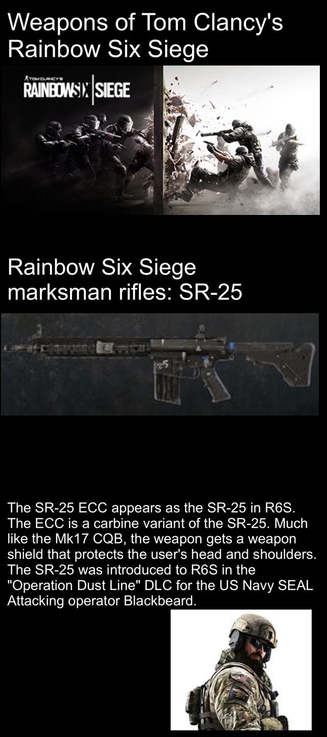 Weapons Of Tom Clancy S Rainbow Six Siege Rainbow Six Siege Marksman Rifles Sr 25 The Sr 25 Ecc Appears As The Sr 25 In Rgs The Ecc Is A Carbine Variant Ofthe Sr 25 Much Like