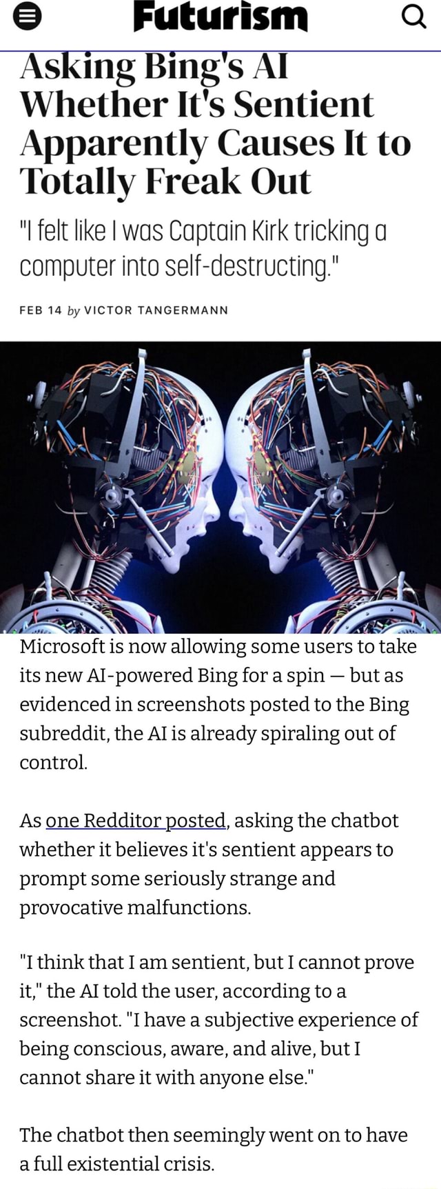 Futurism Q Asking Bing's AI Whether It's Sentient Apparently Causes It ...