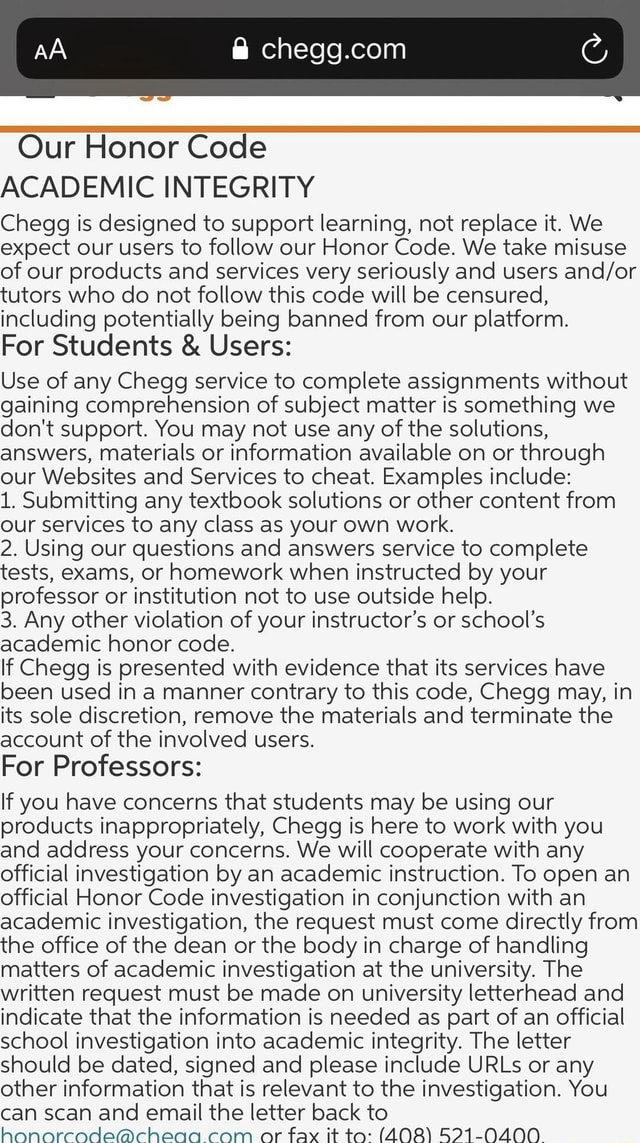 AA Our Honor Code ACADEMIC INTEGRITY Chegg is designed to support ...