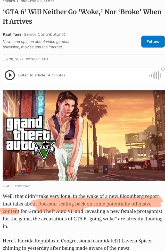 FORBES INNOVATION GAMES 'GTA 6' Will Neither Go 'Woke,' Nor 'Broke ...