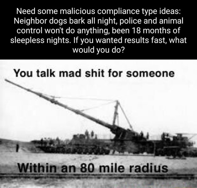 Need some malicious compliance type ideas Neighbor dogs bark all night