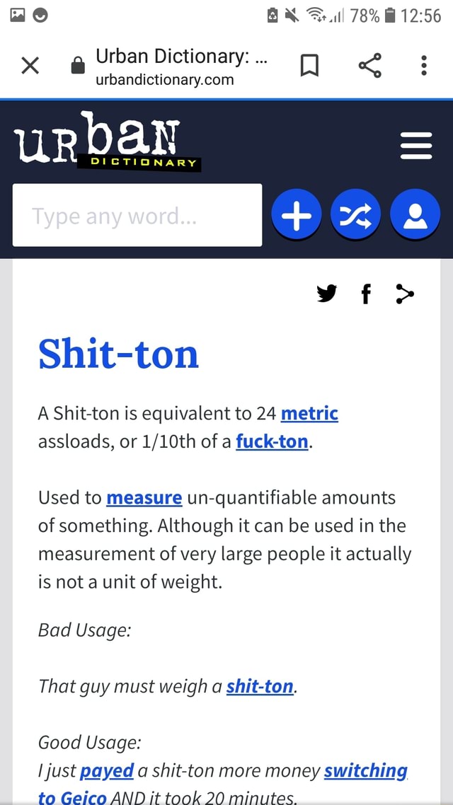DICTIONARY 78% Urban Dictionary: Type any word +~x Shit-ton A