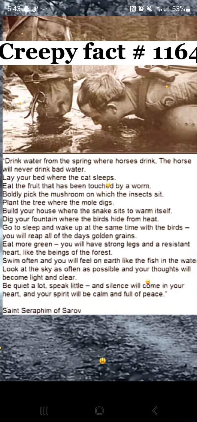 Creepy fact 1164 'Drink water from the spring where horses drink. The