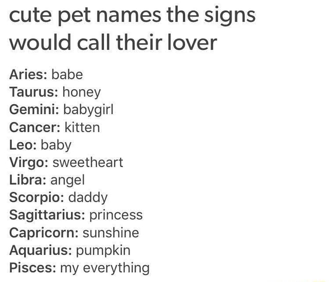 Cute Pet Names The Signs Would Call Their Lover Aries Babe Taurus Honey Gemini Babygirl Cancer Kitten Leo Baby Virgo Sweetheart Libra Angel Scorpio Daddy Sagittarius Princess Capricorn Sunshine Aquarius Pumpkin Pisces