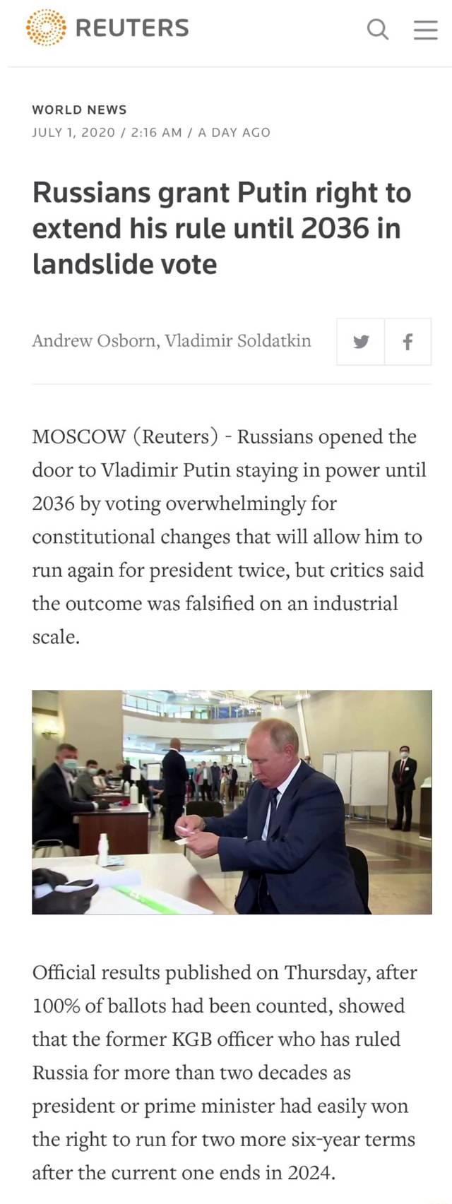 Reuters Q World News Russians Grant Putin Right To Extend His Rule Until 2036 In Landslide 