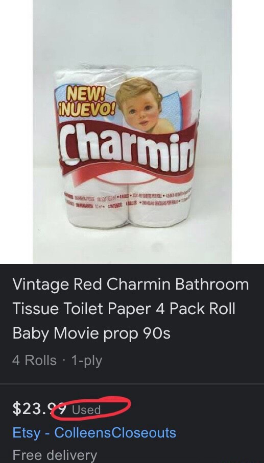 Vintage Red Charmin Bathroom Tissue Toilet Paper 4 Pack Roll Baby Movie ...