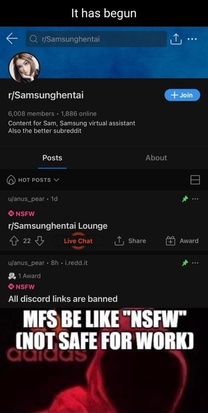 It Has Begun Sunghentai Fsamsunghentai 6 008 Members 1 6 Online Content For Sam Samsung Virtual Assistant Also The Better Subreddit Posts Out Nor Posts V Snus Pear Nsfw Lounge Share Award Onsfw All Discord