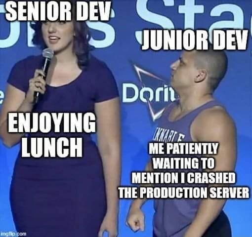 Senior Dev Junior Dev Enjoying Lunch Me Patiently Waiting Men I Crashed The Production Server