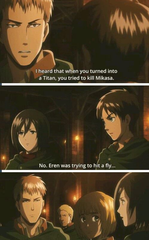 A Titan, you tried to kill Mikasa. No. Eren was trying to hie a a - )