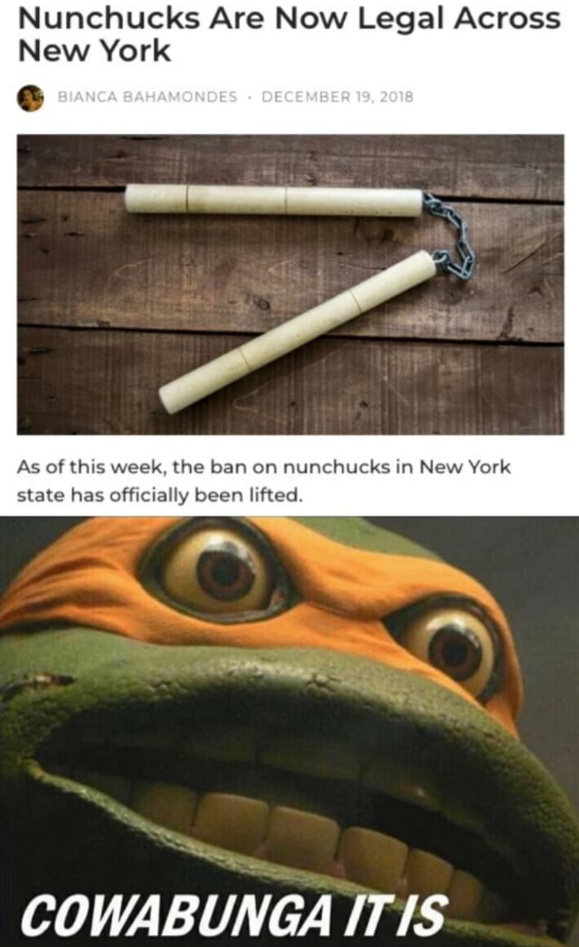 Nunchucks Are Now Legal Across New York BIANCA BAHAMONDES DECEMBER 19, 2018 As of this week, the
