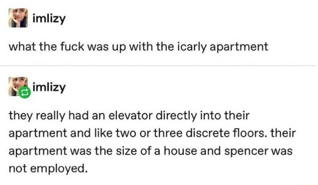 What The Fuck Was Up With The Icarly Apartment Lula They Really Had An Elevator Directly Into Their Apartment And Like Two Or Three Discrete Floors Their Apartment Was The Size Of