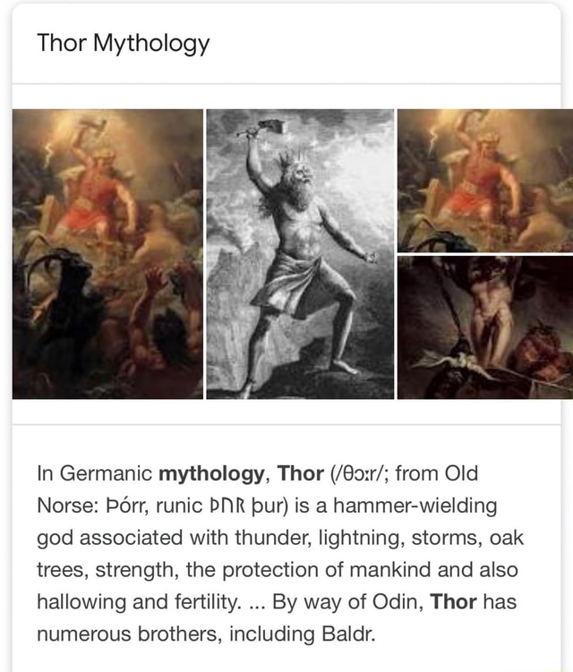 Thor Mythology In Germanic mythology, Thor (/90r/; from Old Norse