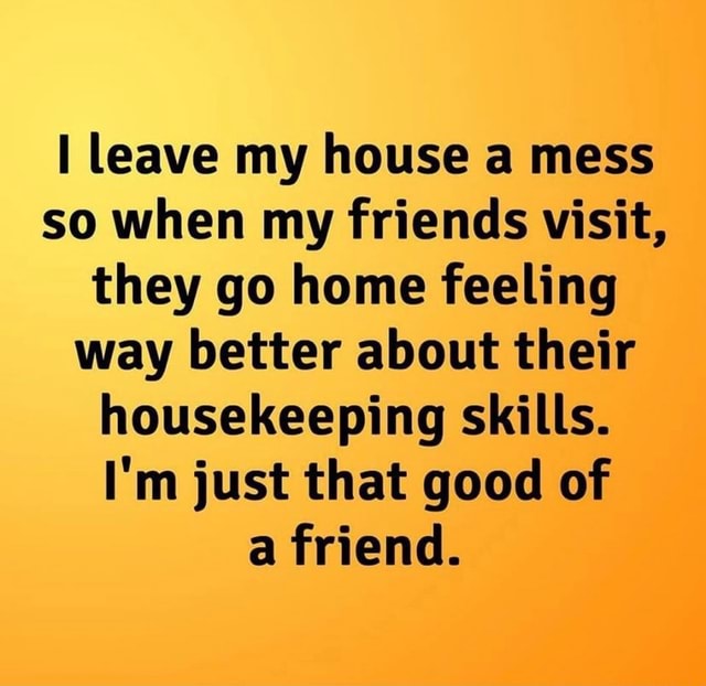 I leave my house a mess so when my friends visit, they go home feeling ...