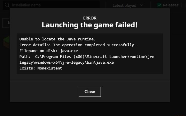 ERROR: Launching the game failed! Unable to locate the Java runtime ...