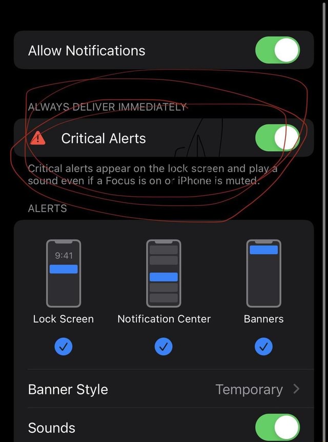 Allow Notifications CC) ALWAYS DELIVER IMMEDIATELY Critical Alerts