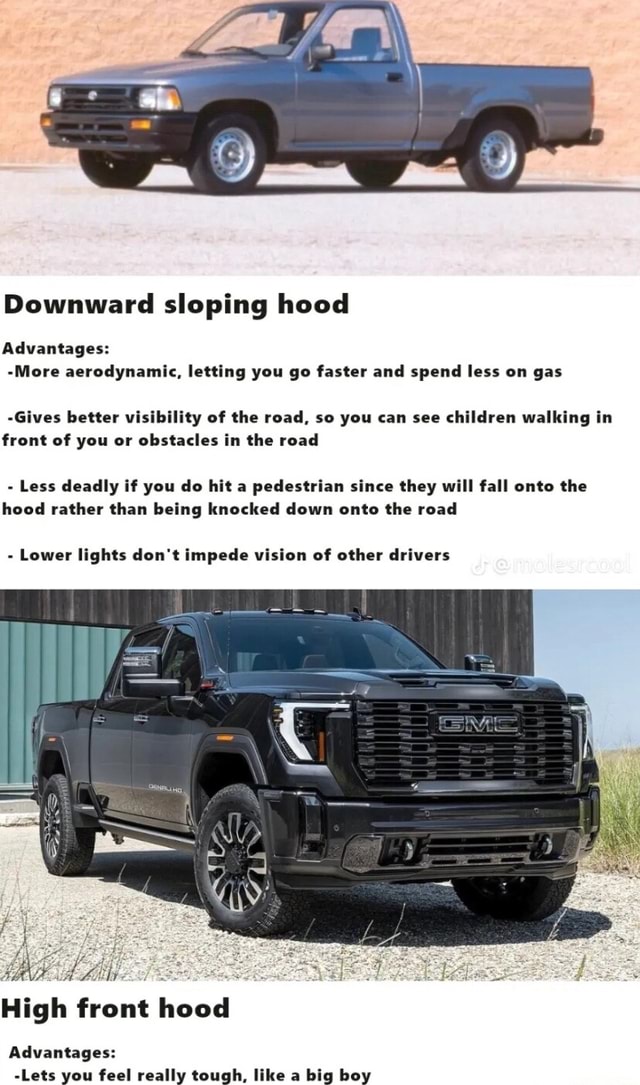 Downward sloping hood Advantages More aerodynamic, letting you go