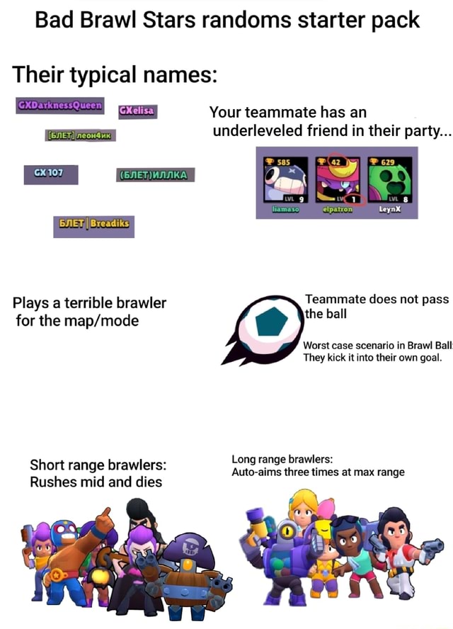 Bad Brawl Stars Randoms Starter Pack Their Typical Names O Gxelisa Your Teammate Has An Underleveled Friend In Their Party I Bnetimnnka Plays A Terrible Brawler Brit Does Not Pass For The - brawl stars mid in brawl ball