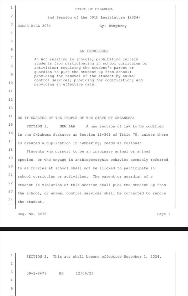 STATE OF OKLAHOMA 2 Session of the 59th Legislature (2024) 3 I nouse