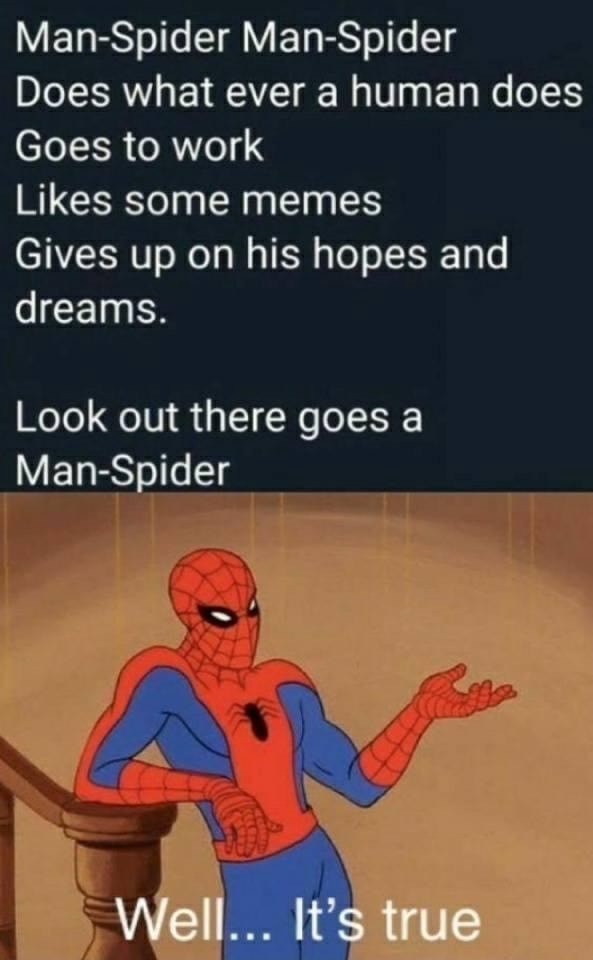 Man-Spider Man-Spider Does what ever a human does Goes to work Likes some  memes Gives up on his hopes and dreams. Look out there goes a Man-Spider  Well. true - iFunny
