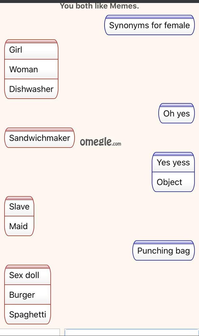 You both like Memes. Synonyms for female Girl Woman Dishwasher Oh yes