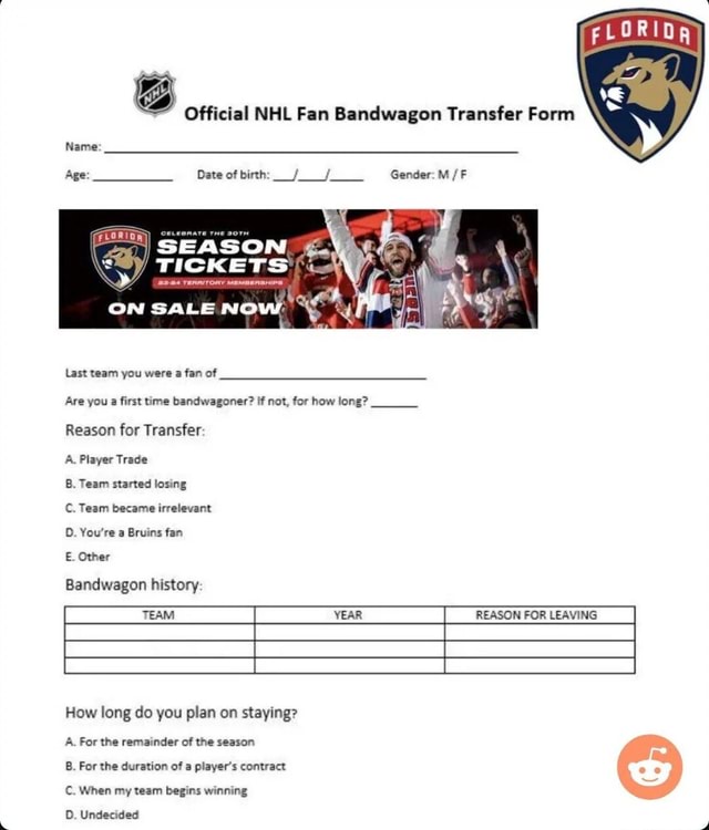Official NHL Fan Bandwagon Transfer Form Name Age Date of birth j