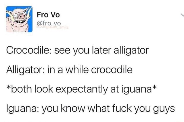 Crocodile See You Later Alligator Alligator In A While Crocodile Both Look Expectantly At Iguana Iguana You Know What Fuck You Guys Ifunny