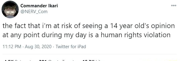 The fact that i'm at risk of seeing a 14 year old's opinion at any point  during my day is a human rights violation PM - Aug 30, 2020 - Twitter for  iPad - )