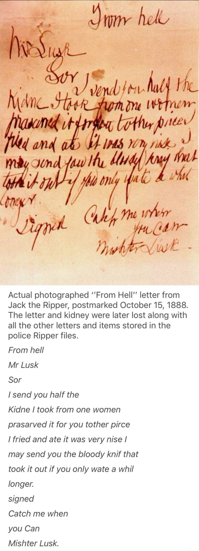 Jack The ripper From Hell Letter