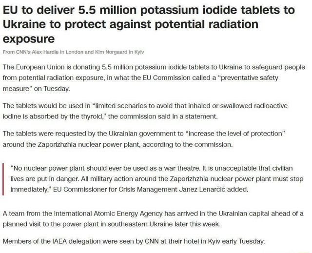 EU to deliver 5.5 million potassium iodide tablets to Ukraine to