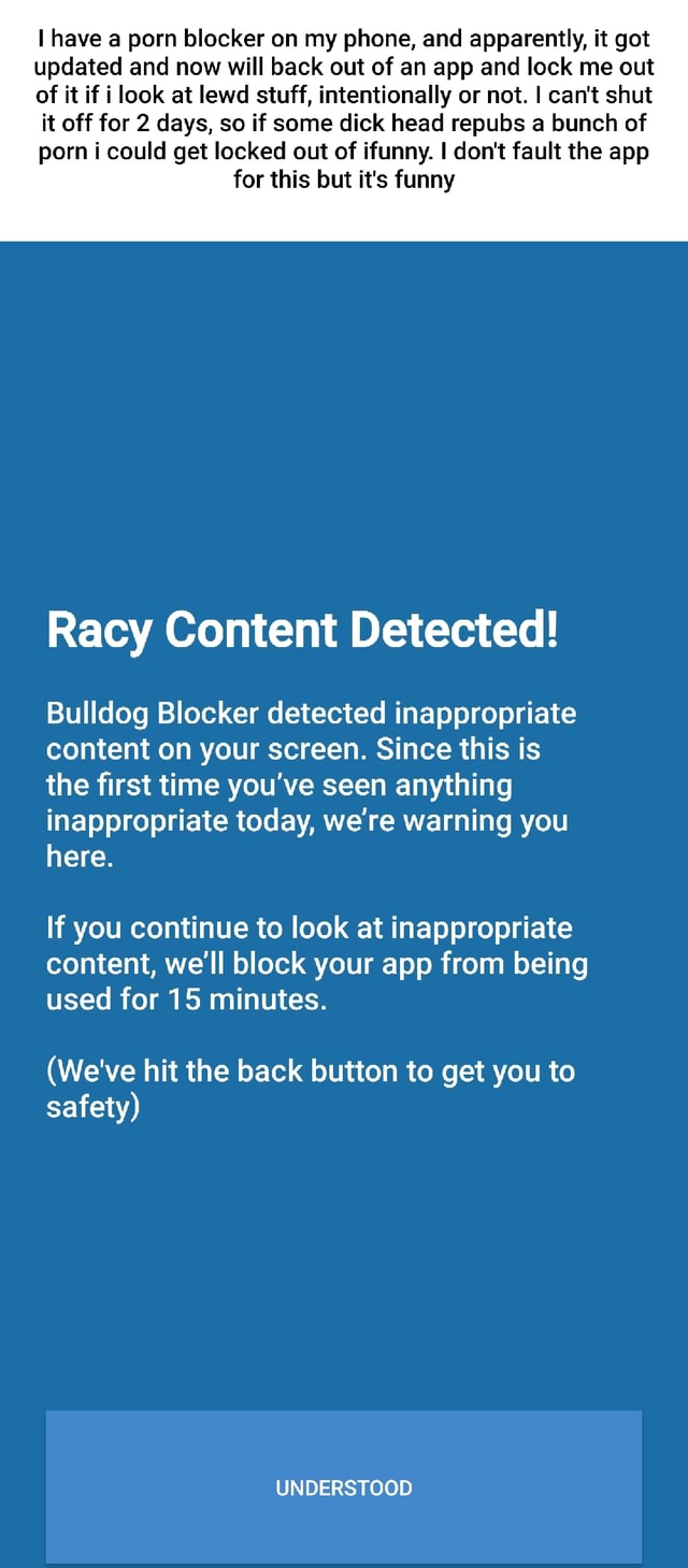 I have a porn blocker on my phone, and apparently, it got updated and now  will back out of an app and lock me out of it if look at lewd stuff,