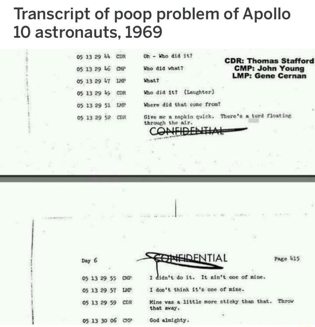 Transcript of poop problem of Apollo 10 astronauts. 1969 - iFunny