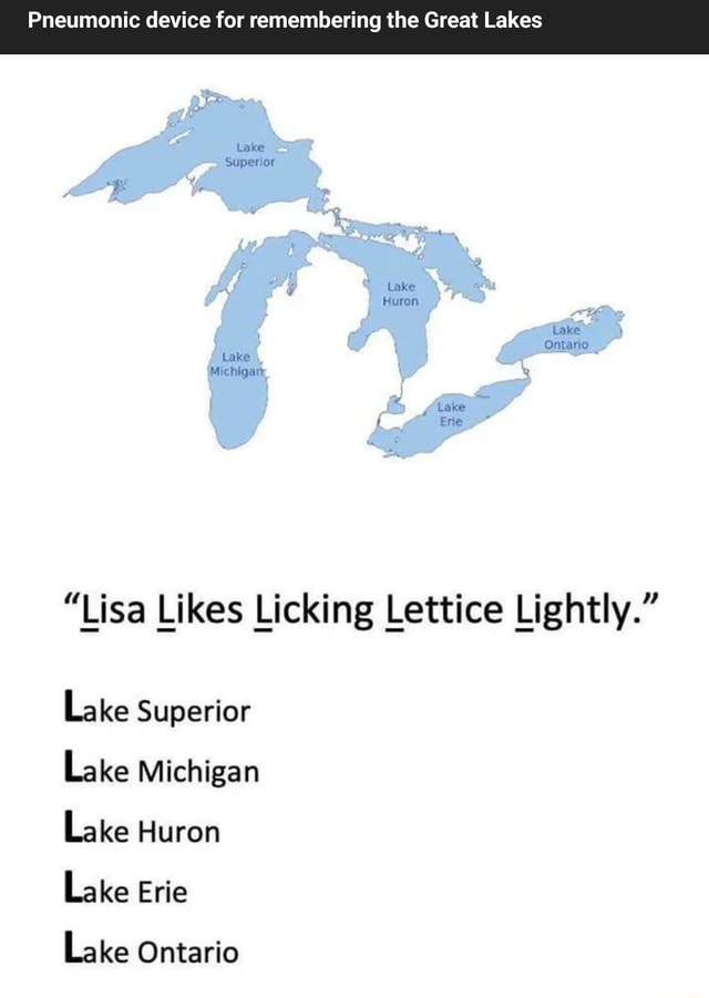 Pneumonic device for remembering the Great Lakes Lake Superior Lake ...