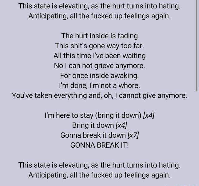 This State Is Elevating As The Hurt Turns Into Hating Anticipating All The Fucked Up Feelings Again The Hurt Inside Is Fading This Shit S Gone Way Too Far All This Time I Ve