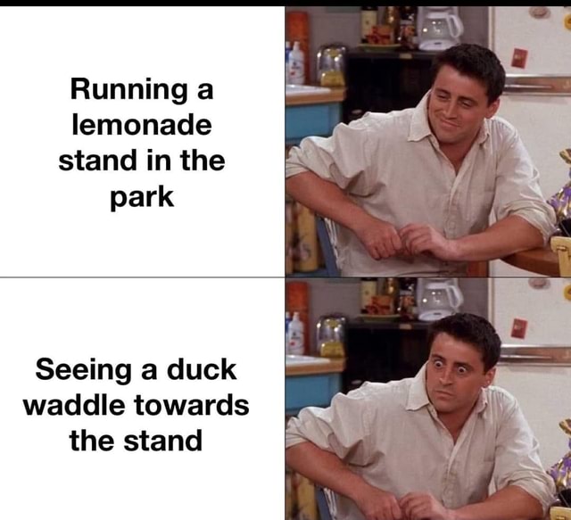 Running a lemonade stand in the park Seeing a duck waddle towards the