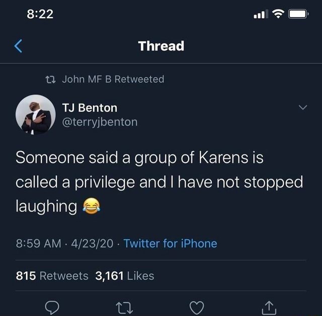 Someone said a group of Karens is called a privilege and I have not